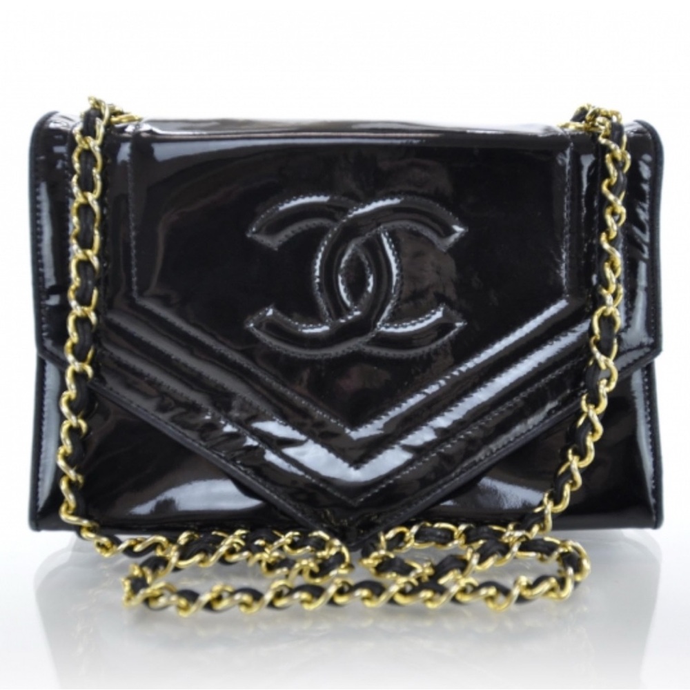 Chanel Patent Black Shoulder Bag with Gold Chain